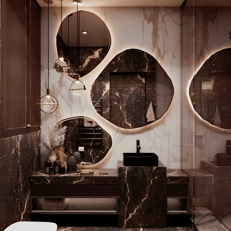 Asymmetrisk design på vår moderna runda spegel för en djärv touch