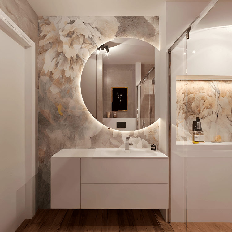 Rund sminkspegel med akryldetaljer för en modern stil