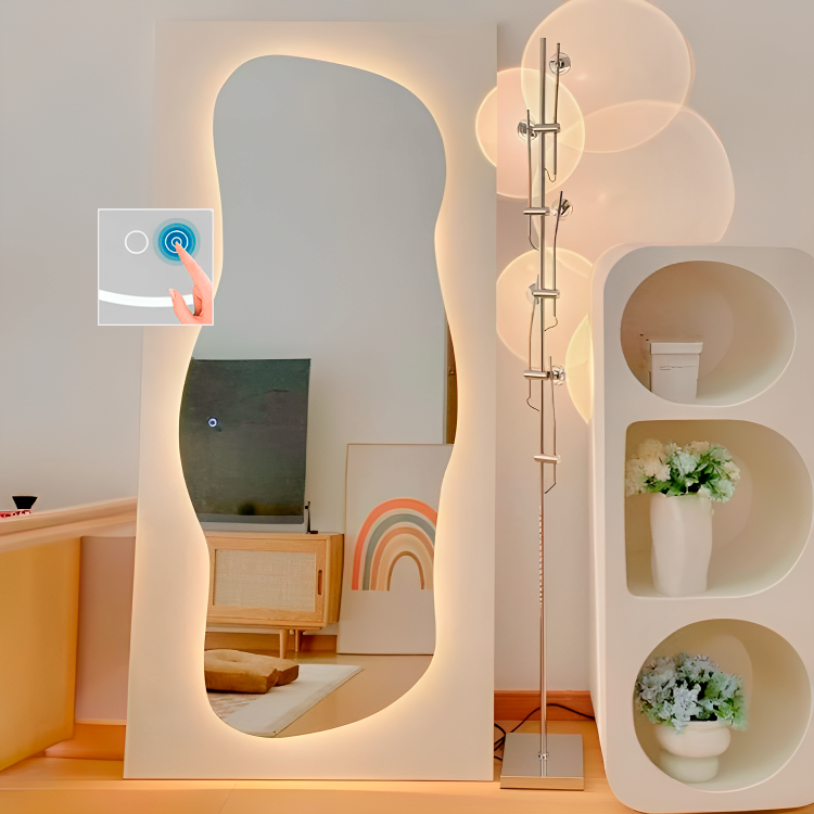 Trendig asymmetrisk spegel med ljuselement